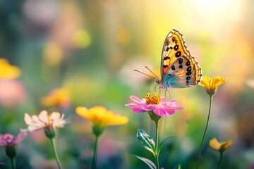 Obraz premium Vibrant butterfly perched on flower in sunlit garden