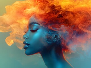 Vibrant Composite Portrait with Glowing Smoke like Hair Symbolizing Mystery and Fluidity