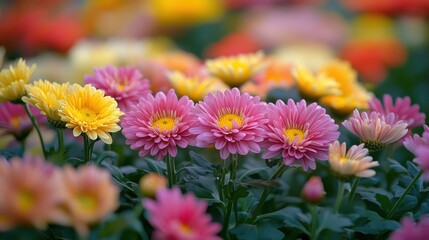 Colorful flowers blooming in a vibrant garden during springtime, showcasing a variety of pink, yellow, and orange blossoms