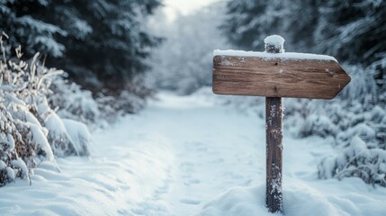 Naklejka premium Snow-covered trail sign directing hikers through a serene winter landscape in a quiet forest setting