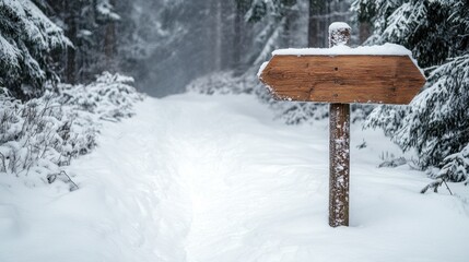 Naklejka premium Snow-covered trail marker in a serene winter forest with fresh snowfall guiding hikers through nature