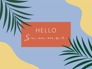 Hello summer card, banner in trendy bright colors with tropical leaves and text.