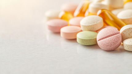 Colorful assorted vitamins and supplements placed on a clean surface.