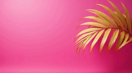 Fototapeta premium Golden Palm Frond Against Vibrant Pink Background, Ideal for Tropical Themed Designs and Summery Projects