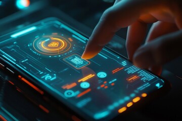 Futuristic interface on smartphone display with touch interaction and holographic elements