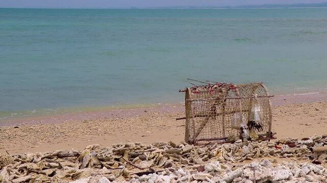 Pakarang Cape gabage waste pollution furniture on the beach Thailand.
