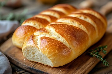 Freshly baked golden crust bread on wooden board with herbs