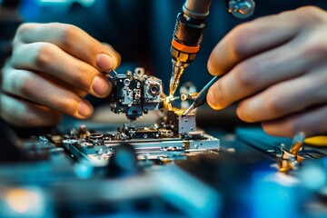 Close-up of electronics technician working on circuit board with precision tools