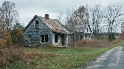 Obraz premium Abandoned Rural Houses Surrounded by Overgrown Grass and Trees on a Cloudy Day in a desolate Area of the Countryside
