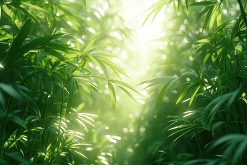 Naklejka premium Close up bamboo grove with natural blurred green backdrop. copy space, trendy summer jungle style, floral green pattern background, botanical tropical leaves, sun light, shadows.
