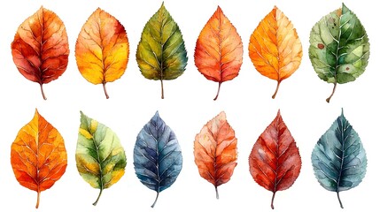 Obraz premium Vibrant Watercolor Autumn Leaves Collection on White Background