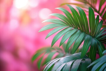 Colorful summer tropical palm leaves with pink copyspace, trendy summer jungle style floral green pattern background, colors botanical tropical leaves ,sun light and shadows.