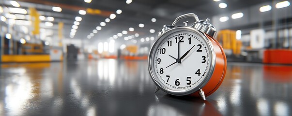 Factory floor, alarm clock, time management, industrial background