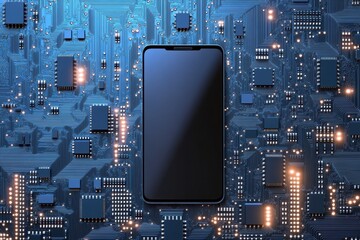Graphic layout featuring a smartphone over a circuit board background in a modern technology theme