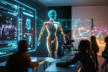 Students engage in an interactive lesson, witnessing the holographic representation of an advanced humanoid robot displaying various data. The atmosphere encourages learning. Generative AI
