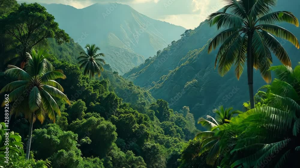 Poster a lush green jungle with a mountain in the background. there are palm trees in the foreground. the s