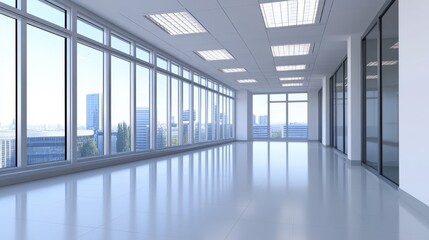 Fototapeta premium Modern office interior with large windows showcasing a city skyline and bright natural light
