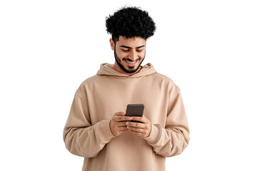 Young man texting on smartphone isolated on transparent background