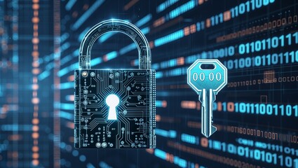 Digital representation of padlock and key, cybersecurity concept, binary code background