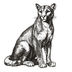 Hand-drawn cougar, predator illustration, vintage mountain lion art, trendy black sketch, wildlife design, old engraving style, antique style, vector print, white background