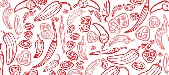 Hand drawn chili pepper, line art vector isolated set. Chili pepper outline. Red on the white background. Jalapeno. Red Bulgarian sweet and bitter pepper. Red pepper.
