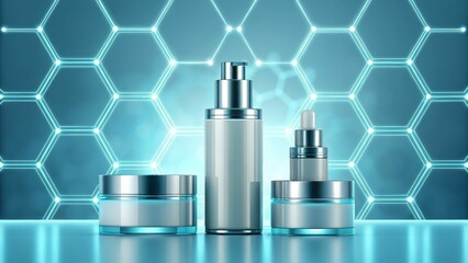 A sleek arrangement of skincare products against a modern, hexagonal-patterned background, highlighting beauty and innovation in cosmetics.
