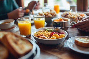 Delicious breakfast spread with fresh juice and cereal on wooden table