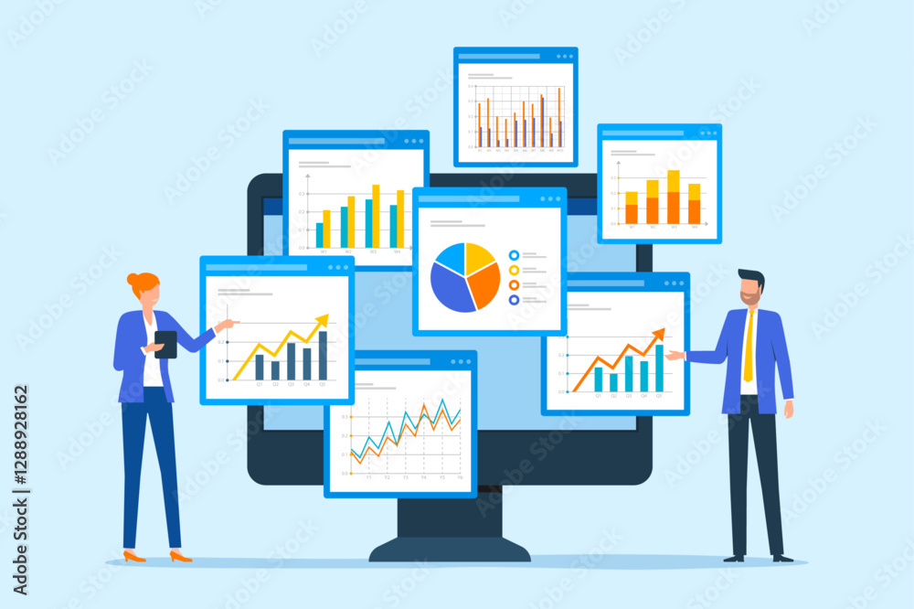 Leinwandbilder flat vector business people working for data analytics and monitoring on web report dashboard monitor and business finance investment design concept
