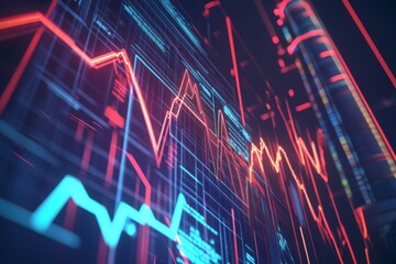 Colorful lines illustrate the dynamic nature of financial trends, showcasing upward and downward movements on a digital graph. The design emphasizes market volatility. Generative AI