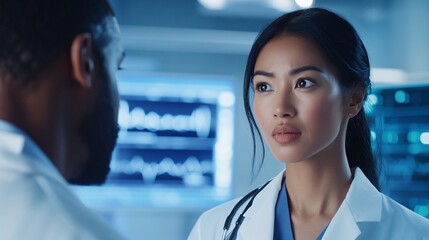 Fototapeta premium In a Futuristic Hospital, Asian Female Doctor Engaged in Serious Conversation