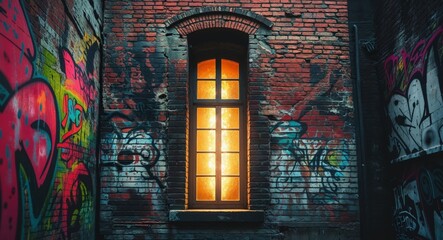 Illuminated window of a brick building covered in graffiti