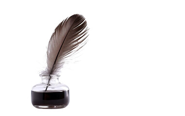 Feather quill pen and glass on transparent or white background,png