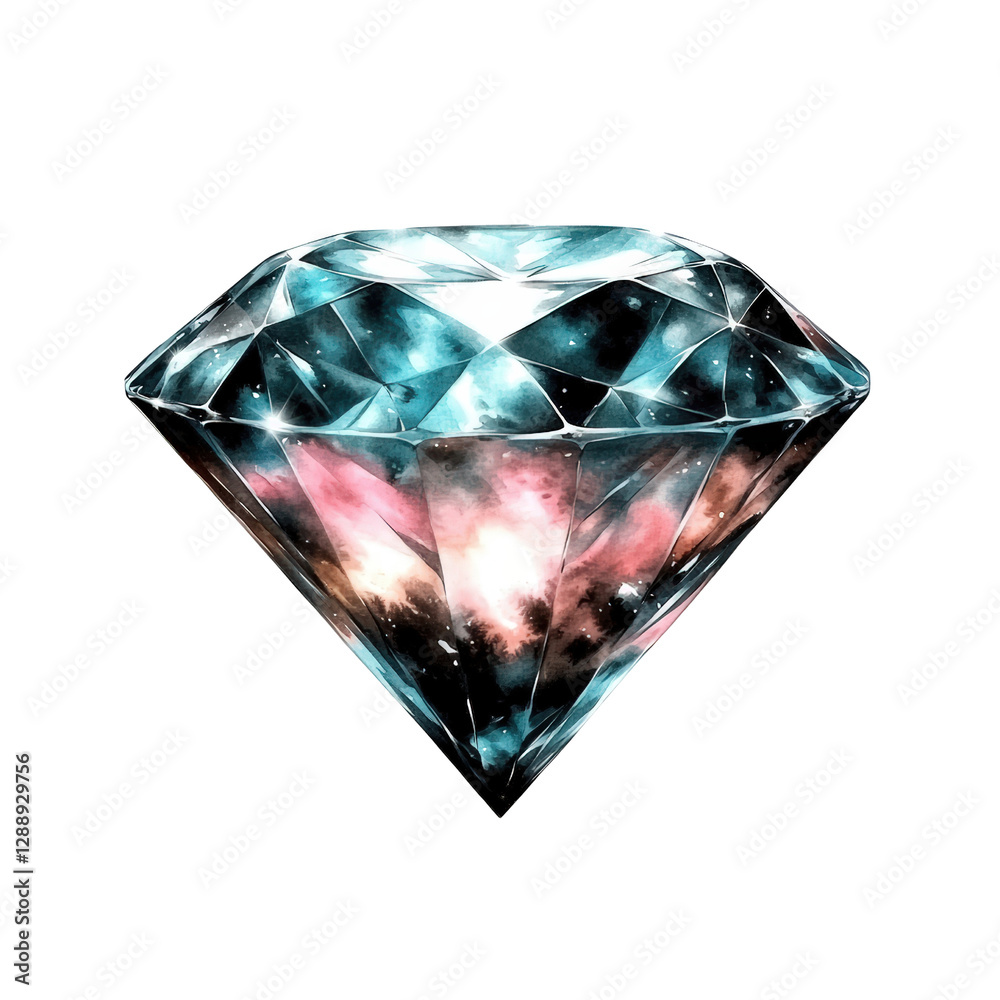 Poster diamond gemstone floating in space with colorful nebula background and stars in the universe isolate