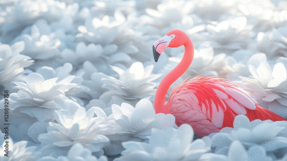 Canvas Prints Flamingo Amidst A Field Of White Flowers