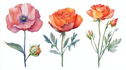 Watercolor Painting of Orange Roses and Pink Poppies Floral Botanical Illustration Design