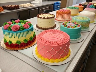 Many cakes are placed on the table , each cake has a different color and different decoration.