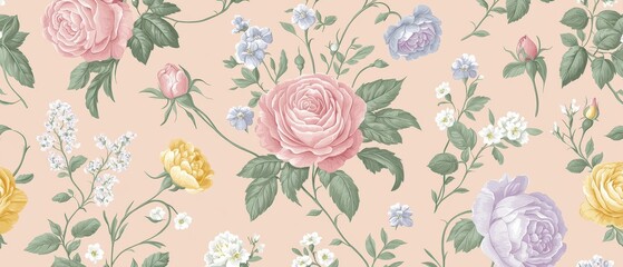 Romantic Pastel Spring Background. Floral pattern on soft peach background