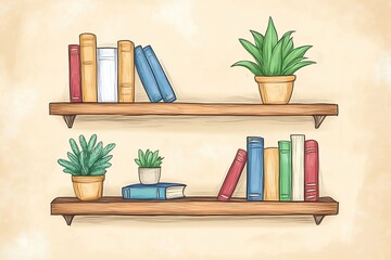 A simple cartoon drawing of two wooden shelves with books and potted plants on them
