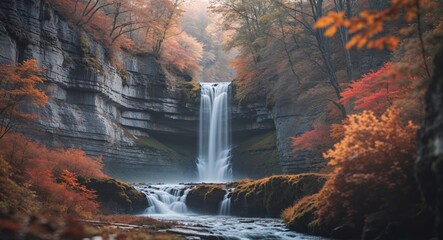 Autumn Waterfall Cascading Through Rocky Gorge.