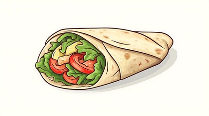 Cartoon burrito emoji with a soft tortilla wrapping around colorful fillings isolate color background