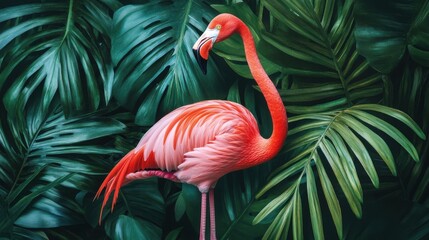 Fototapeta premium Pink Flamingo Amidst Lush Tropical Foliage