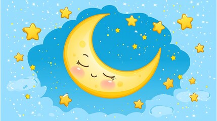 Cartoon crescent moon emoji with a sleepy face and small stars isolate color background