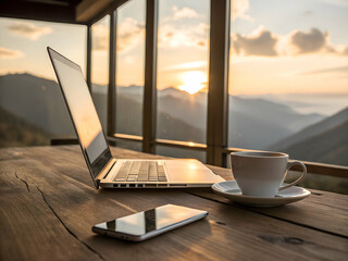 Fototapeta premium laptop on the terrace of hotel