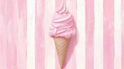 Pink Ice Cream Cone Against Striped Background