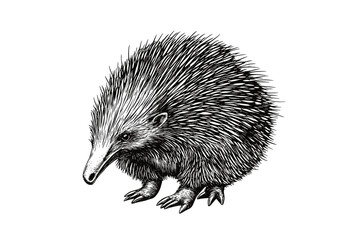 Trendy hand-drawn echidna, vintage art style, black sketch effect, animal print design, old engraving, unique wildlife illustration, monochrome decor, artistic animal design