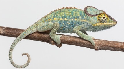 Obraz premium A vibrant chameleon captivates with its iridescent scales and precise gaze, head gently tilted. Each hue shifts on its textured skin, embodying nature’s art in a captivating close-up