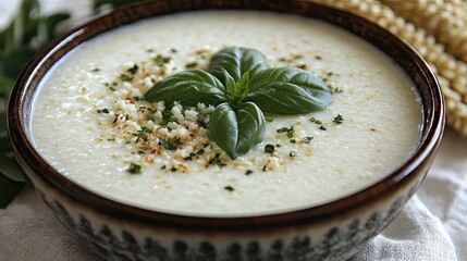 Creamy soup, basil garnish, kitchen setting, food photography, recipe illustration