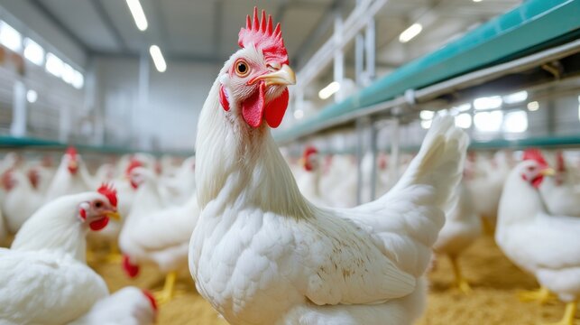 White chicken in a chicken coop, looking towards the camera, surrounded by other chickens.