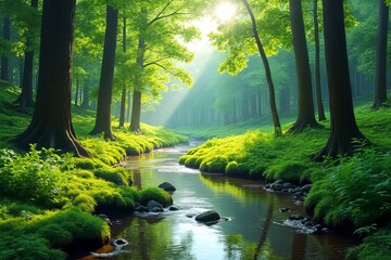 Peaceful Forest Creek Scene with Lush Green Trees and Plants