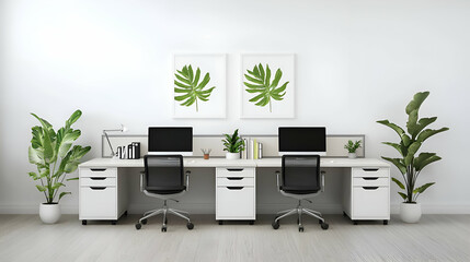 Modern Minimalist White Office Workspace with Green Plants